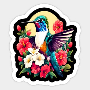 Cute Ruby Throated Hummingbird Surrounded by Spring Flowers Sticker